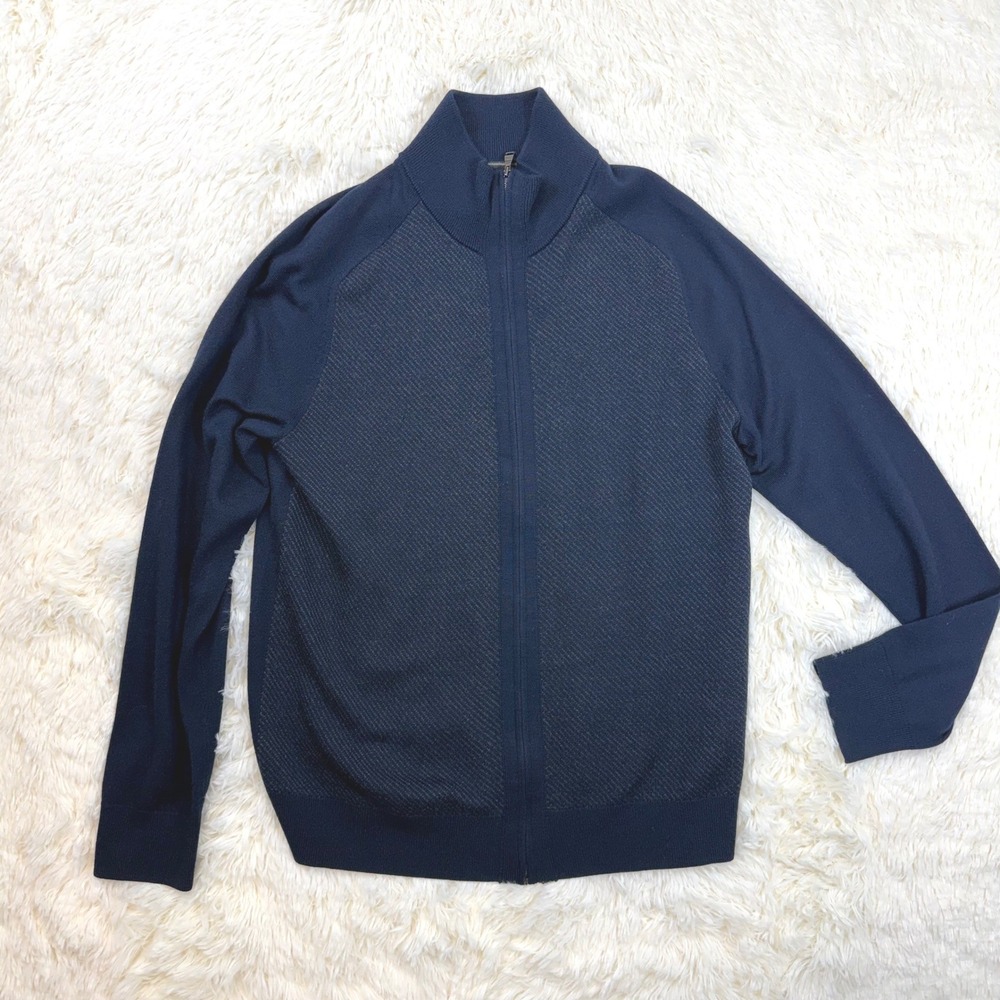 Banana Republic Cardigan Mens L Navy Blue Merino Wool Full Zip Textured Sweater